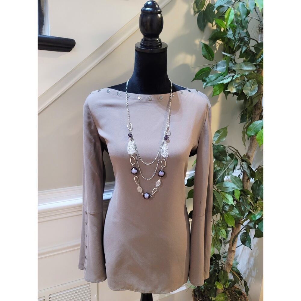 BCBG Max Azria Blouse Women's Taupe Small Studded Boat Neck Bell Sleeve Party